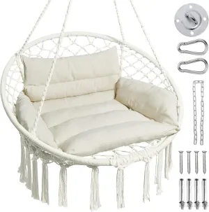Greenstell Hammock Chair, Macrame Swing Chair with Comfy Cushion, Boho Hanging Chair for Outdoor & Indoor, Perfect for Bedroom, Patio, Balcony, Hold up to 350Lbs, White