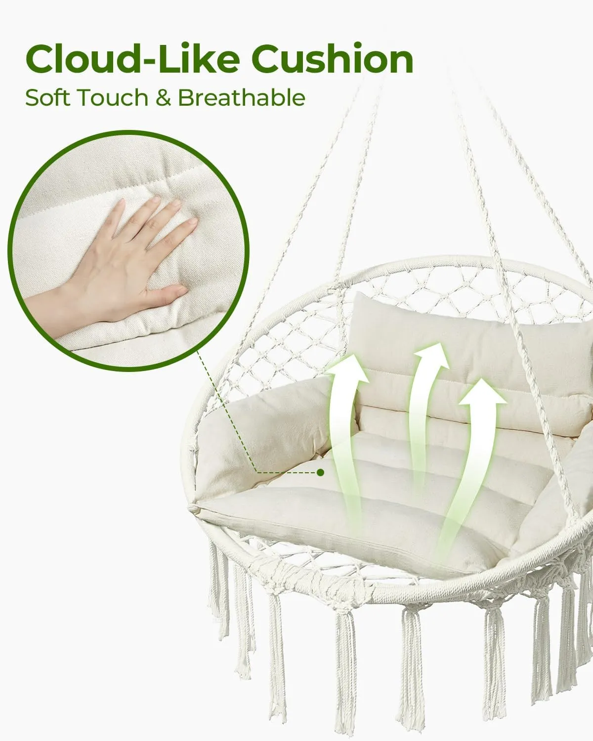 Greenstell Hammock Chair, Macrame Swing Chair with Comfy Cushion, Boho Hanging Chair for Outdoor & Indoor, Perfect for Bedroom, Patio, Balcony, Hold up to 350Lbs, White