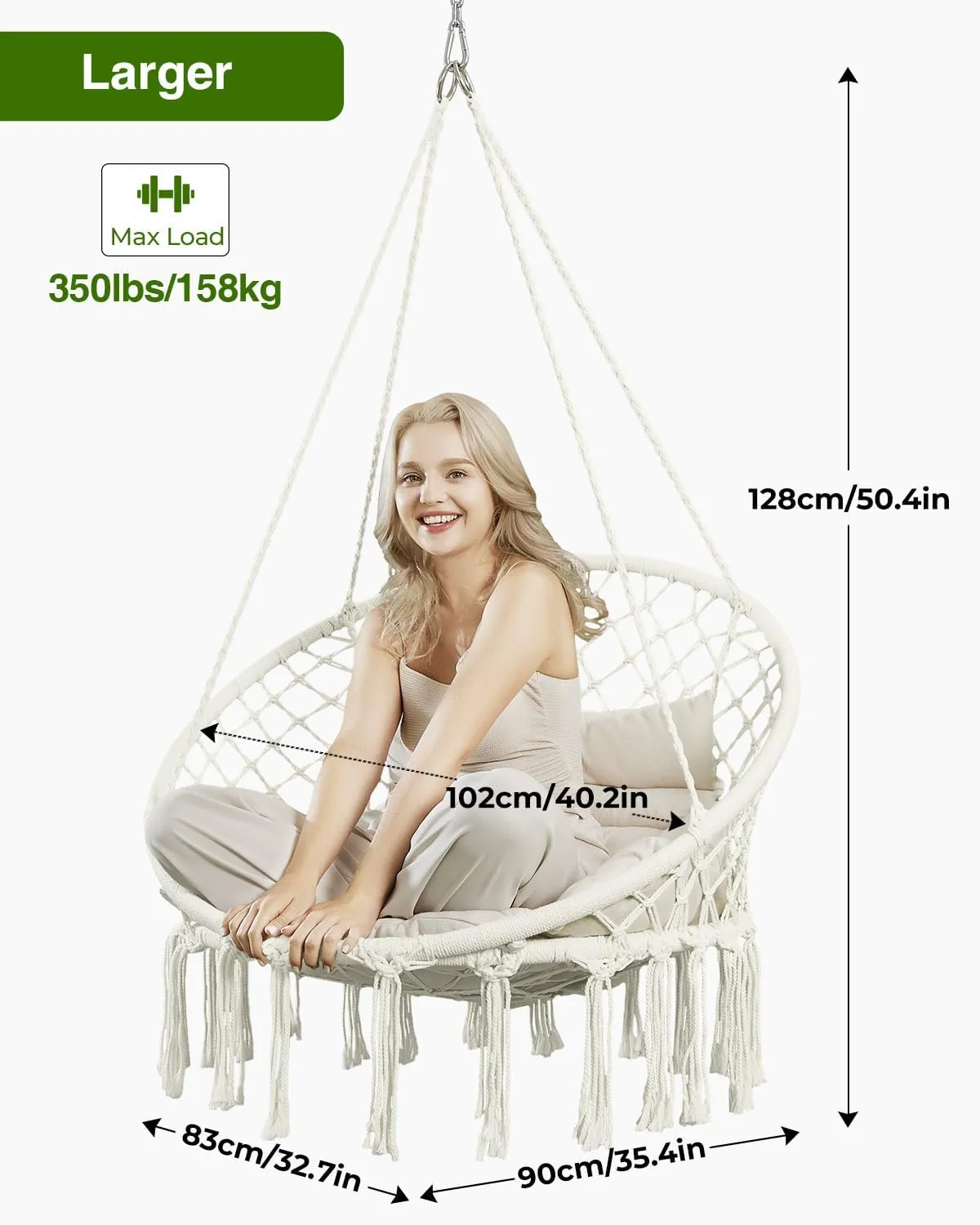 Greenstell Hammock Chair, Macrame Swing Chair with Comfy Cushion, Boho Hanging Chair for Outdoor & Indoor, Perfect for Bedroom, Patio, Balcony, Hold up to 350Lbs, White