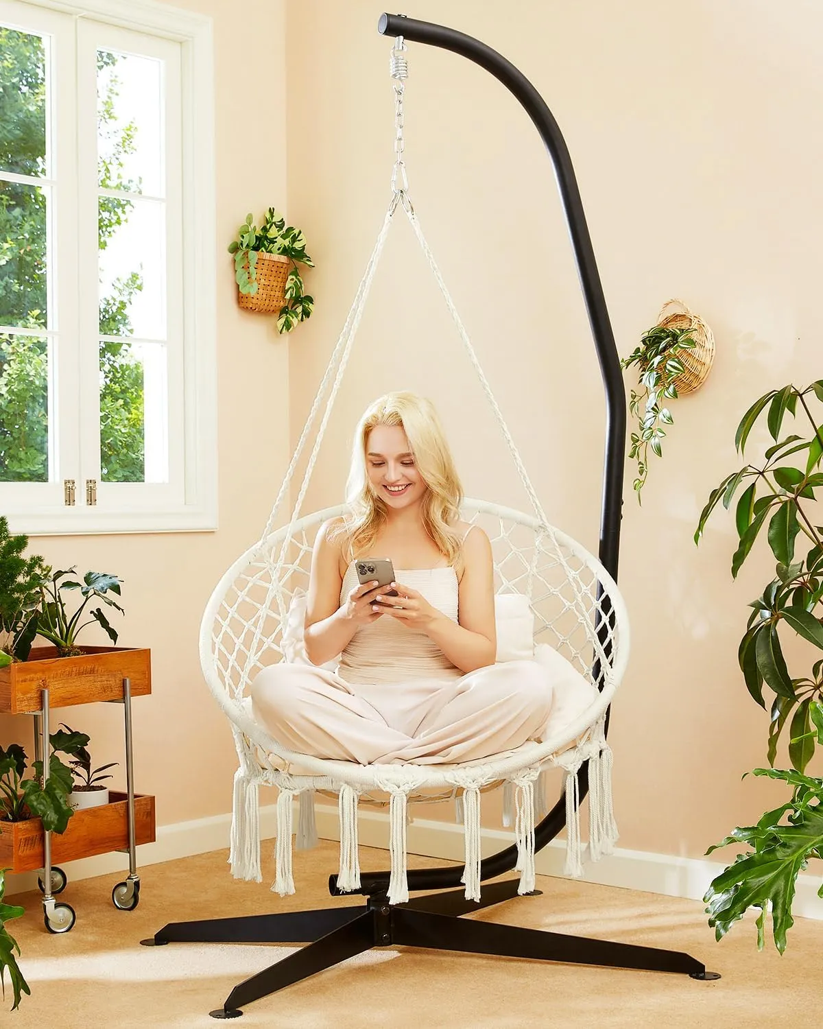 Greenstell Hammock Chair, Macrame Swing Chair with Comfy Cushion, Boho Hanging Chair for Outdoor & Indoor, Perfect for Bedroom, Patio, Balcony, Hold up to 350Lbs, White