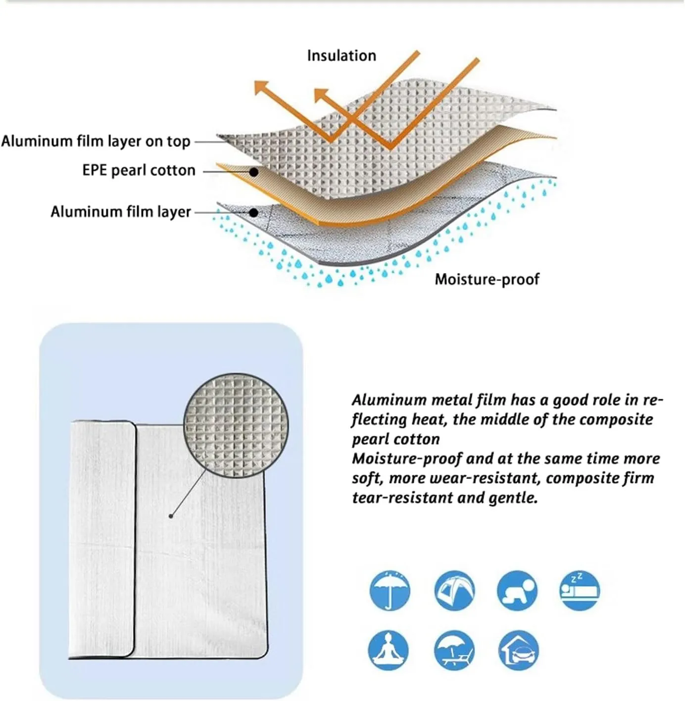 Ground Mat Camping Aluminum Sleeping Foam Mat with Storage Bag 200 X 150 cm Insulating Thermal Waterproof Mat Foldable Double-Sided Tent Pad Ultralight Floor Mat of Aluminum Foil