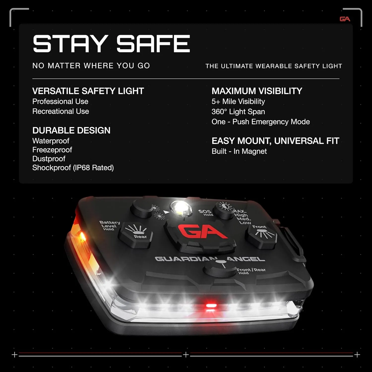 Guardian Angel Elite Series Safety Light, Beacon Device (White Front & Orange Rear) Rechargeable, Magnetic, Hands-Free Wearable, Mountable LED Light for Construction, Roadside, Towing, Industrial TEE
