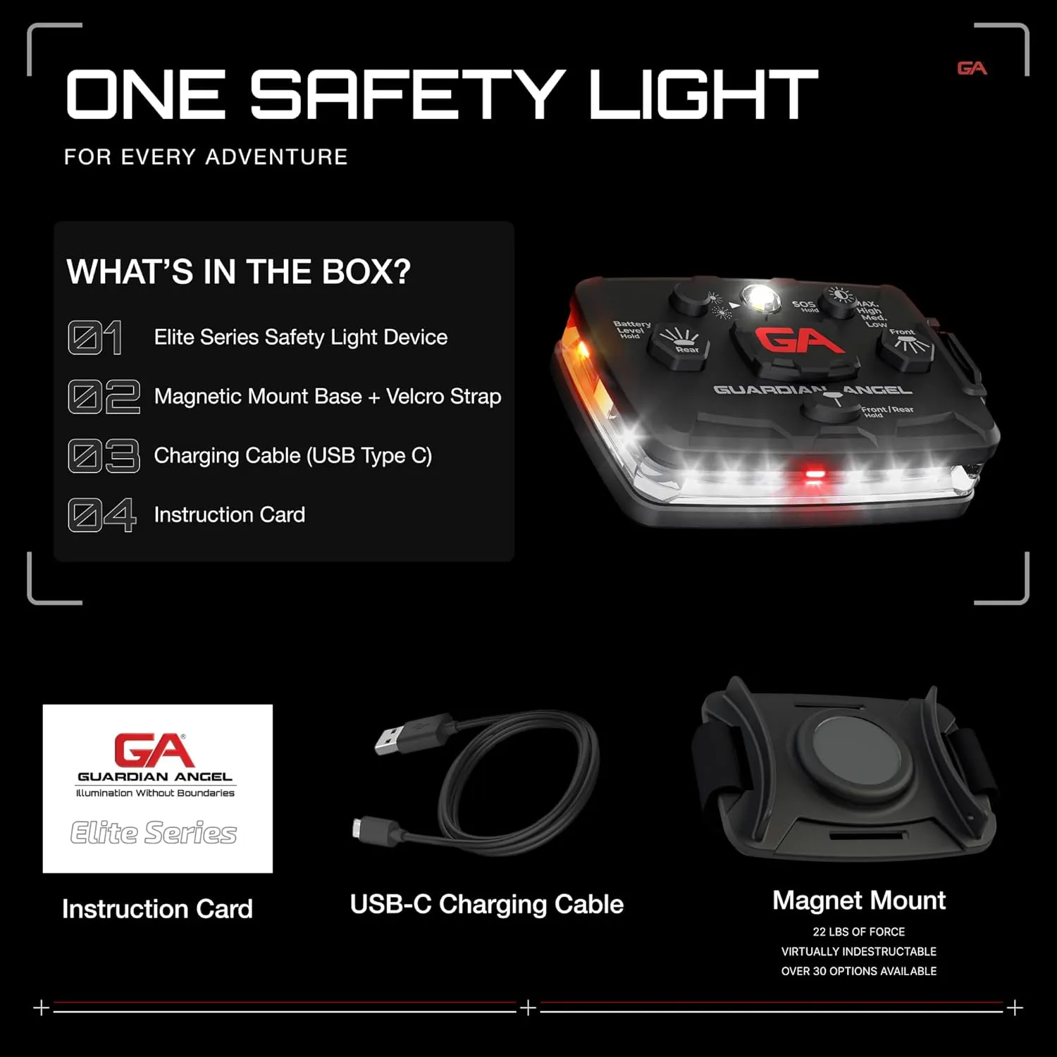 Guardian Angel Elite Series Safety Light, Beacon Device (White Front & Orange Rear) Rechargeable, Magnetic, Hands-Free Wearable, Mountable LED Light for Construction, Roadside, Towing, Industrial TEE