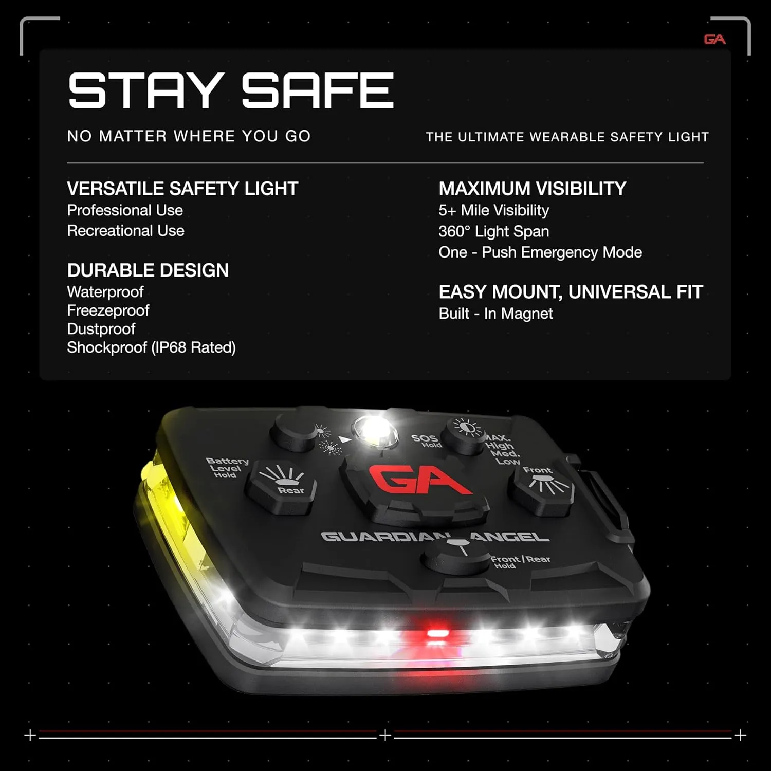 Guardian Angel Elite Series Safety Light, Beacon Device (White Front & White/Yellow Rear) Rechargeable, Magnetic, Hands-Free Wearable LED Flashlight for Construction, Roadside, Utility, & Rescue Ops