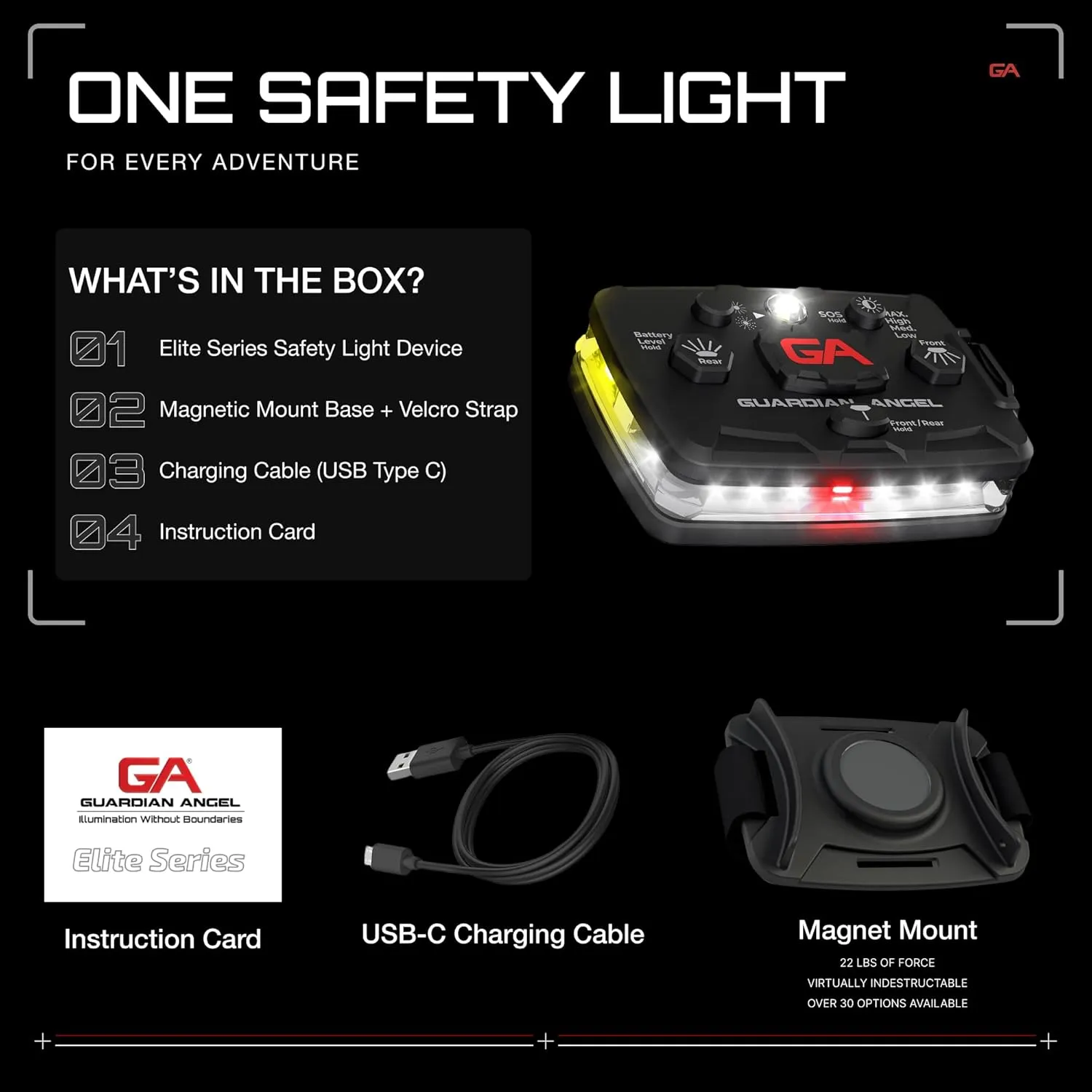 Guardian Angel Elite Series Safety Light, Beacon Device (White Front & White/Yellow Rear) Rechargeable, Magnetic, Hands-Free Wearable LED Flashlight for Construction, Roadside, Utility, & Rescue Ops