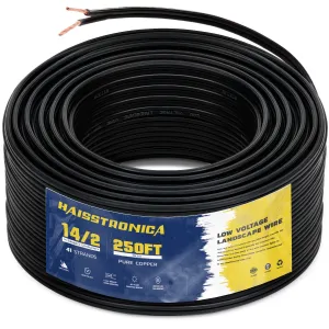 haisstronica 14/2 Low Voltage Landscape Wire 250ft - Copper Direct Burial Waterproof Cable for Landscape Lighting, Outoor Pathway Lights & Garden LED,UL Listed,UV Resistant