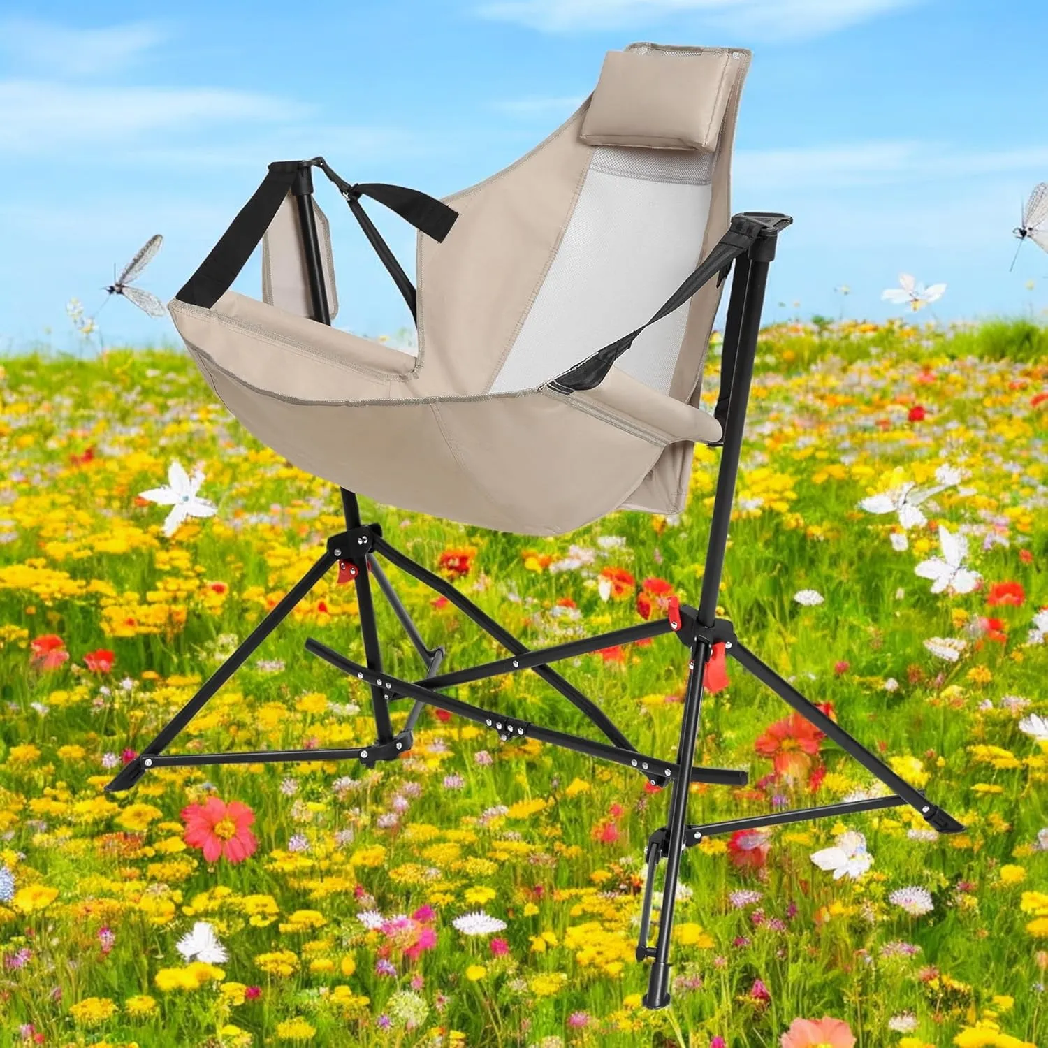 Hammock Camping Chair Set of 1 – Folding Portable Rocking Chair with Adjustable Back, Cup Holder, and Carry Bag, for Outdoor Travel and Relaxation (Khaki)