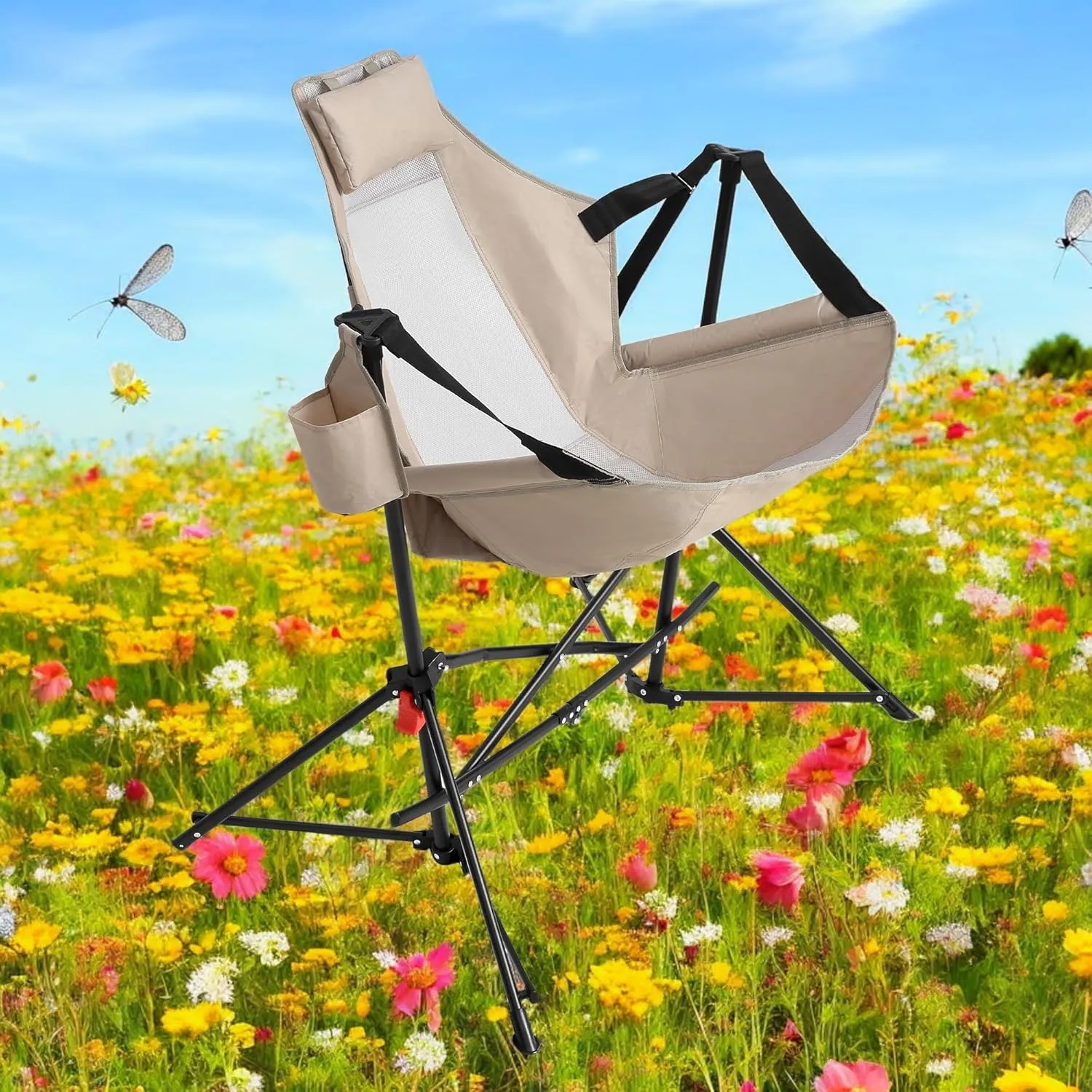 Hammock Camping Chair Set of 1 – Folding Portable Rocking Chair with Adjustable Back, Cup Holder, and Carry Bag, for Outdoor Travel and Relaxation (Khaki)