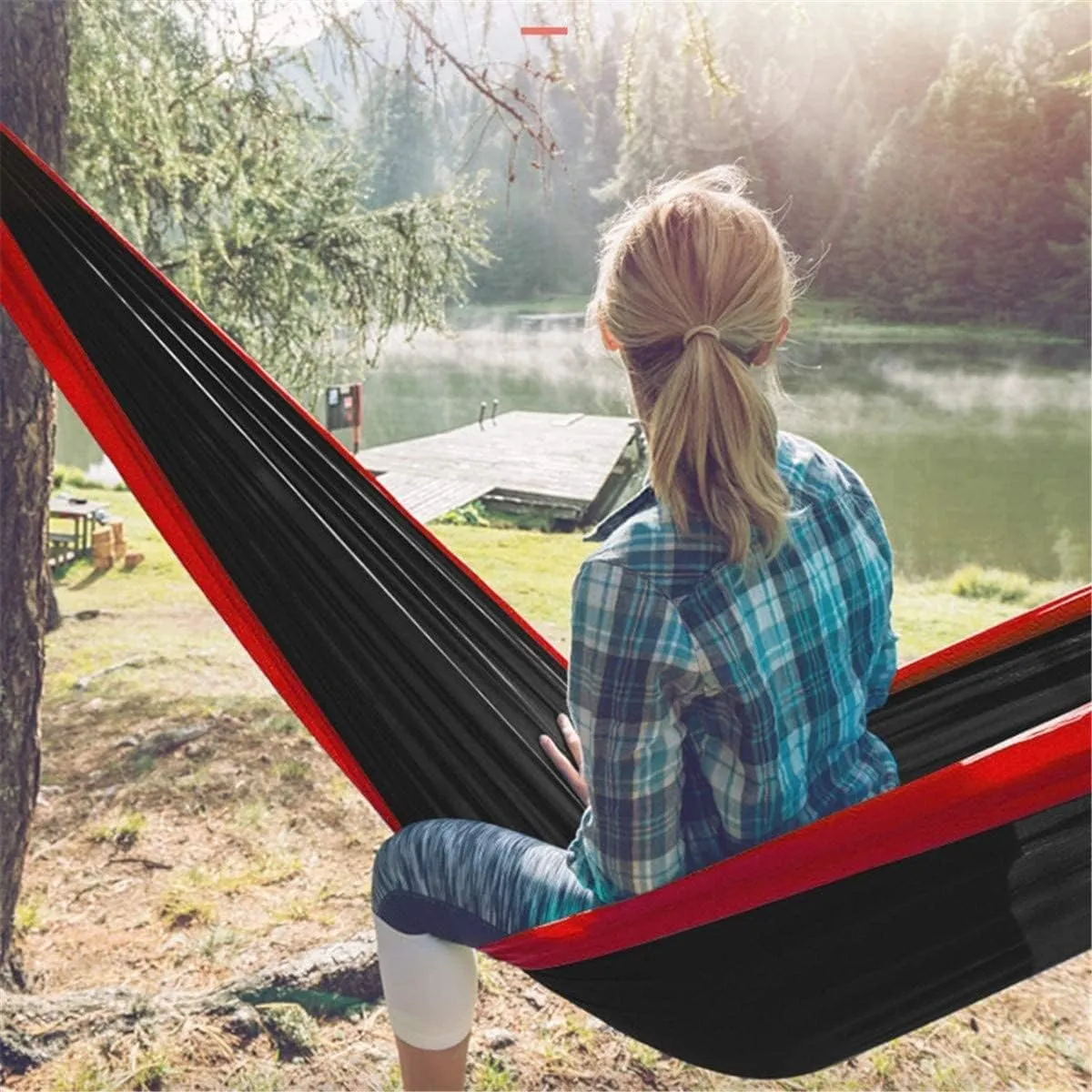 Hammock Camping Hammock,Durable Lightweight Parachute Hammocks,Camping Hammock,with Tree Straps and Carabiners Outdoor Hammock (Color : Yellow) (Black)