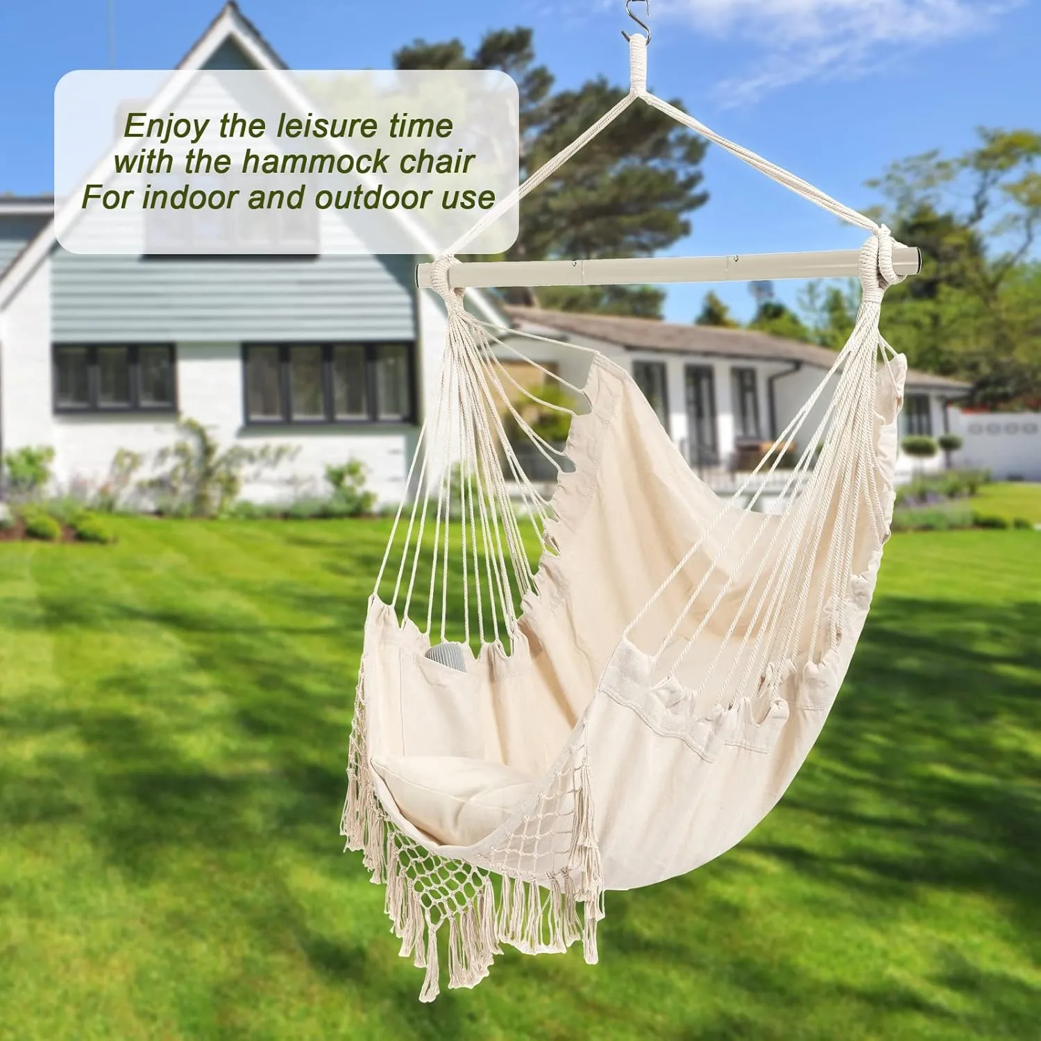 Hammock Chair, Hanging Rope Swing Seat with 2 Cushions,Macrame Hanging Chair Side Pocket with High Load-Bearing Metal Rod,for Indoor, Outdoor, Extra Comfortable