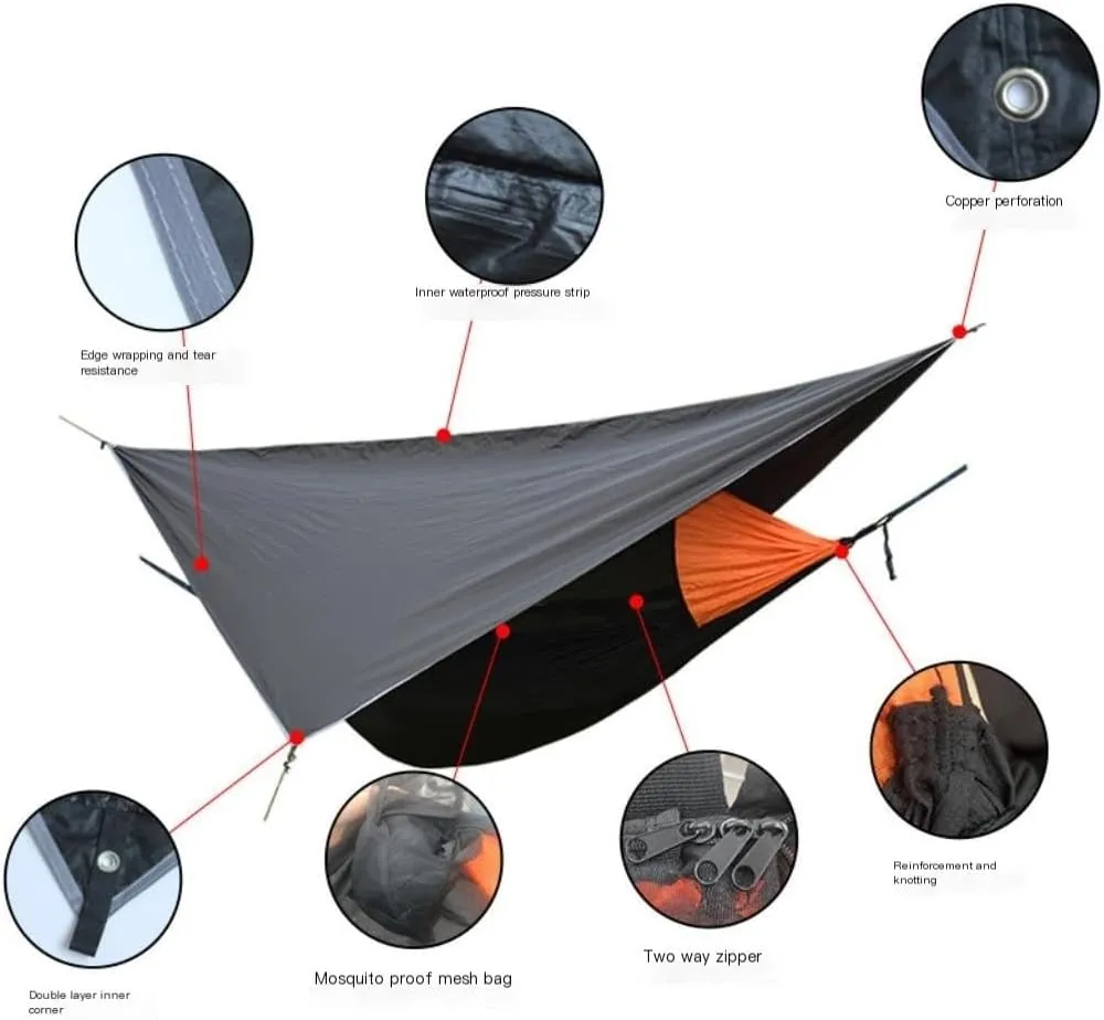 Hammock Double Canopy Mosquito Net Hammock Set Tent Parachute Cloth Camping Automatic Anti-Mosquito Mosquito Net Hammock Hammock Outdoor(Orange)