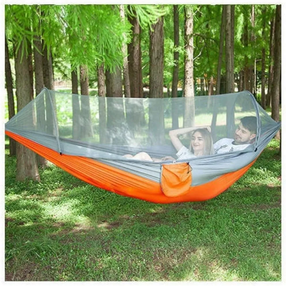 Hammock Double Mosquito Net Hammock Automatic Anti-Rollover Parachute Boni Silk Spinning Outdoor Strap Swing Chair Summer Hammock Outdoor(Orange)