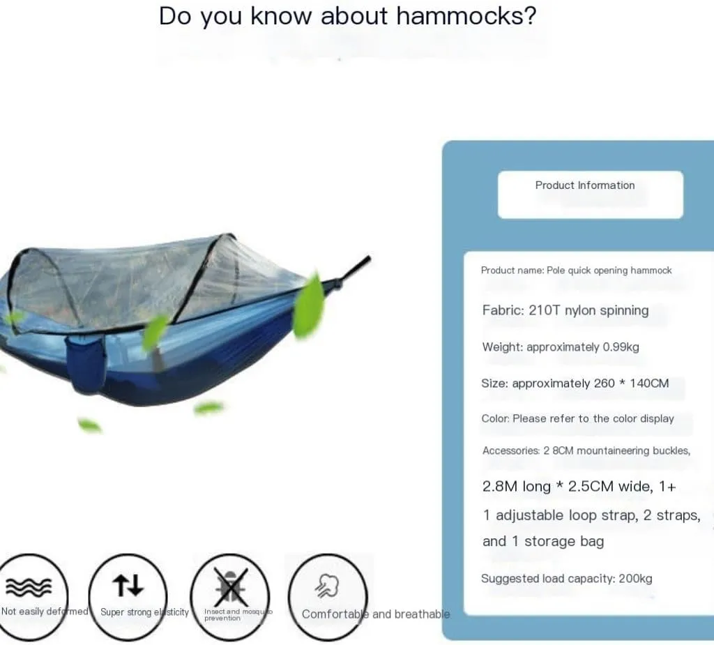 Hammock Double Outdoor Fully Automatic Quick-Opening Hammock with Mosquito Net, Outdoor Nylon Cloth Camping Pole Hammock Hammock Outdoor(Green)