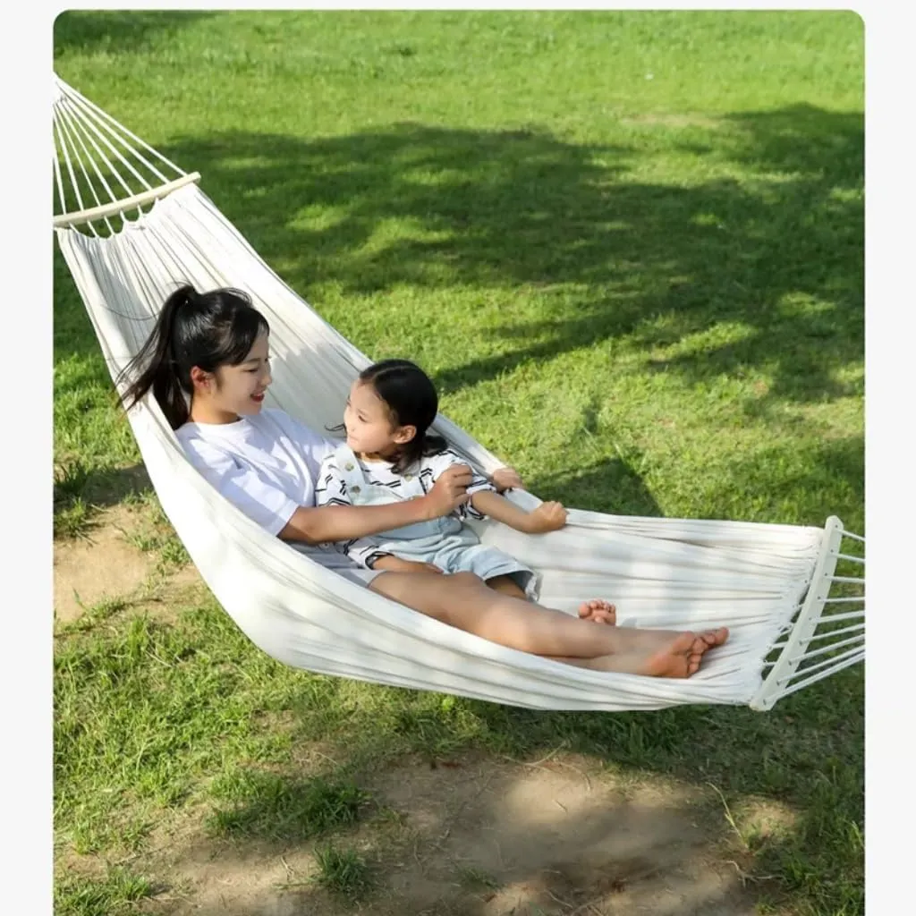 Hammock Double Thickened Canvas Hammock Outdoor Anti-Rollover Single Double Swing Hand-Woven Canvas Hammock with Curved Stick Hammock Outdoor(Gray,A)