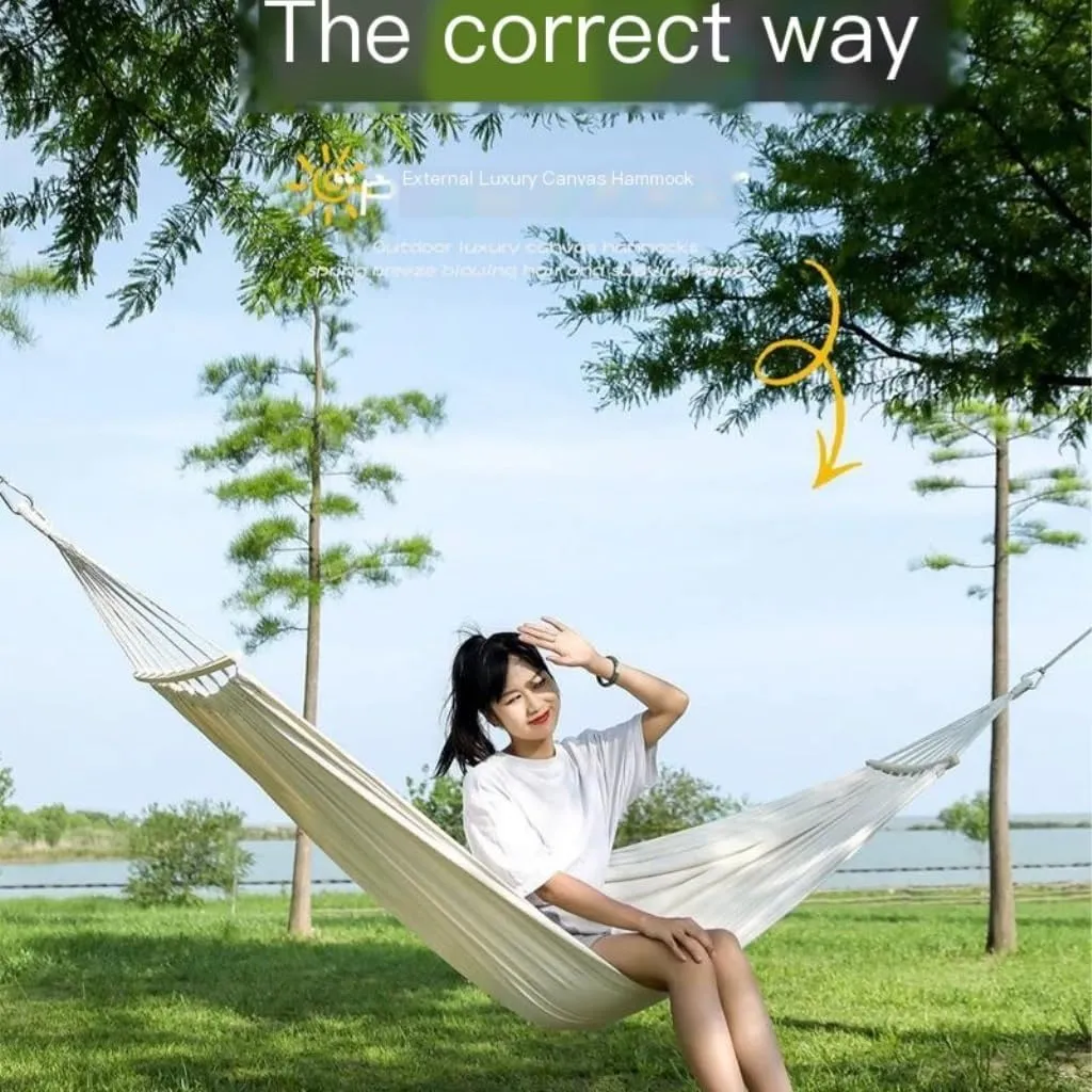 Hammock Double Thickened Canvas Hammock Outdoor Anti-Rollover Single Double Swing Hand-Woven Canvas Hammock with Curved Stick Hammock Outdoor(Gray,A)