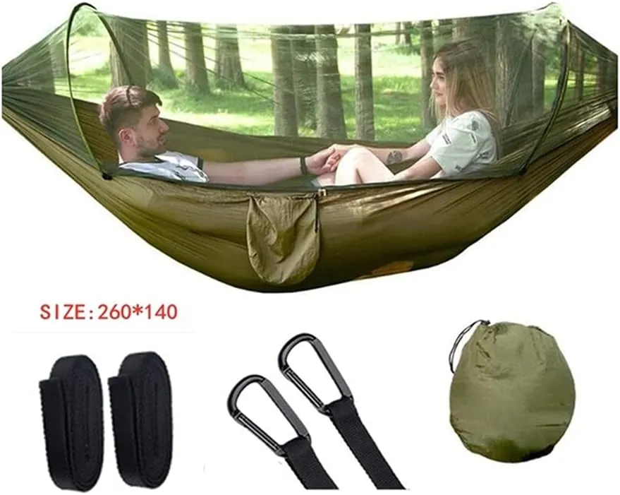 Hammock Handmade Camping Hammock with Mosquito Net Pop-Up Light Portable Outdoor Parachute Hammocks Swing Sleeping Hammock Camping Stuff Swing, Army Green 260x140