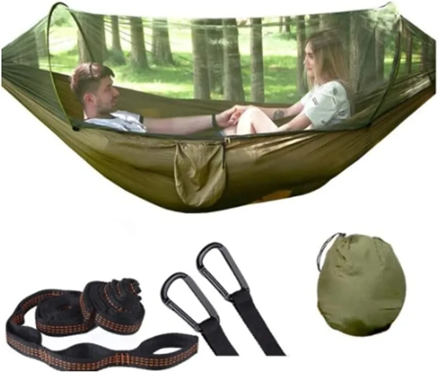 Hammock Handmade Camping Hammock with Mosquito Net Pop-Up Light Portable Outdoor Parachute Hammocks Swing Sleeping Hammock Camping Stuff Swing, Blue Upgrade