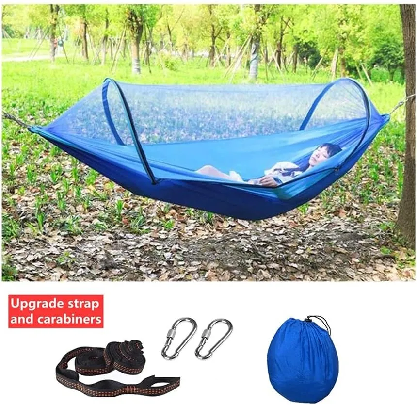 Hammock Handmade Camping Hammock with Mosquito Net Pop-Up Light Portable Outdoor Parachute Hammocks Swing Sleeping Hammock Camping Stuff Swing, Blue Upgrade