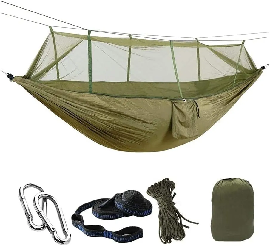 Hammock Handmade Camping Hammock with Mosquito Net Pop-Up Light Portable Outdoor Parachute Hammocks Swing Sleeping Hammock Camping Stuff Swing, Blue Upgrade