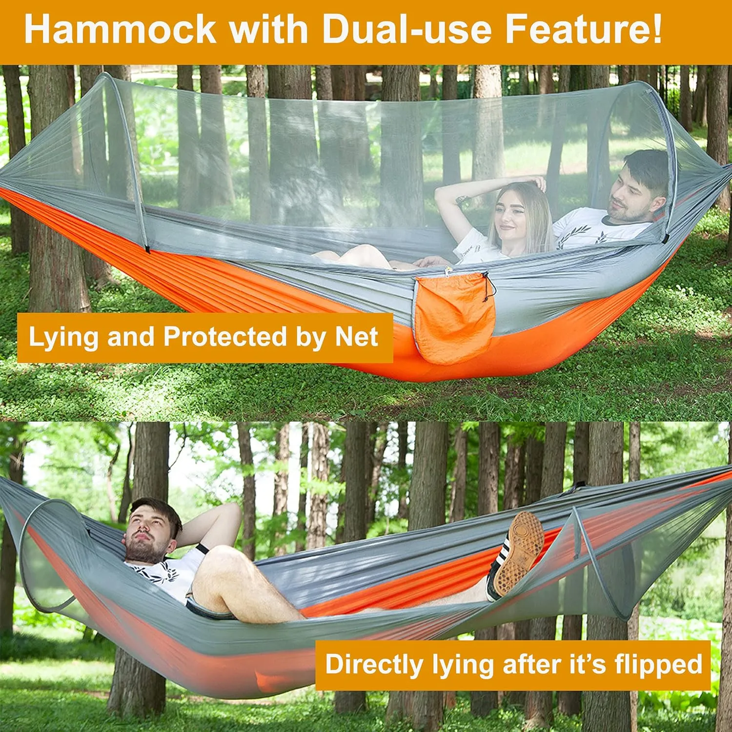 Hammock with Net Lightweight Portable Single Double Hammock Swing Sleeping Bed Outdoor Picnic Hiking Camping Backpacking Travel Backyard Beach Easy to Install Setup (Gray and Orange)