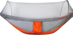 Hammock with Net Lightweight Portable Single Double Hammock Swing Sleeping Bed Outdoor Picnic Hiking Camping Backpacking Travel Backyard Beach Easy to Install Setup (Gray and Orange)