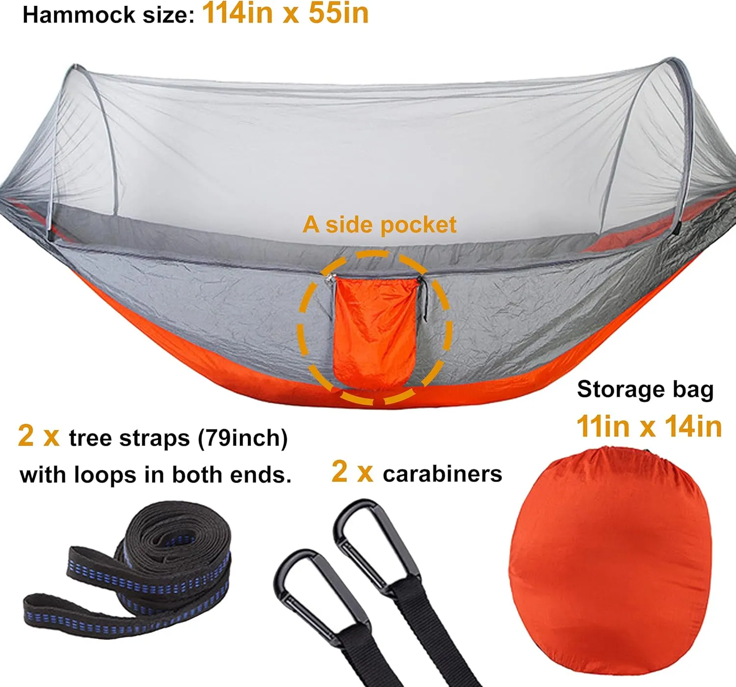 Hammock with Net Lightweight Portable Single Double Hammock Swing Sleeping Bed Outdoor Picnic Hiking Camping Backpacking Travel Backyard Beach Easy to Install Setup (Gray and Orange)