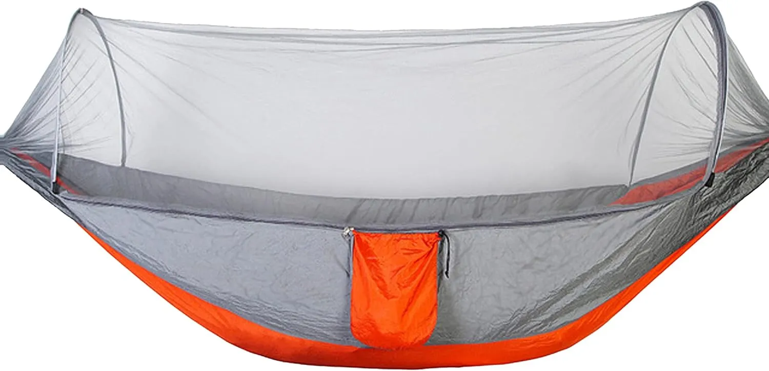 Hammock with Net Lightweight Portable Single Double Hammock Swing Sleeping Bed Outdoor Picnic Hiking Camping Backpacking Travel Backyard Beach Easy to Install Setup (Gray and Orange)