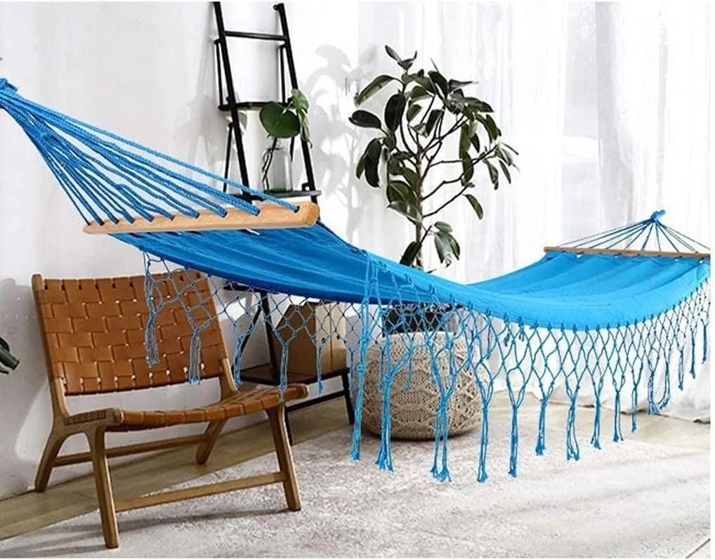 Hammocks for Outside Recreation Canvas Fringed Hammock Lace Comfortable Foldable Hammock Swing Chair for Outdoor Beach Garden Backyard Hammock Camping, 200*80cm, Blue