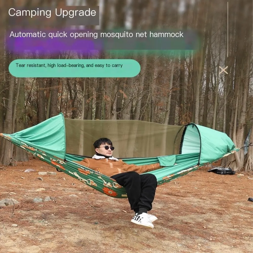 Hamock Automatic Quick-Open Pole Double-Layer Hammock with Sunshade Outdoor Camper Double Hammock with Mosquito Net Hanmock(C)