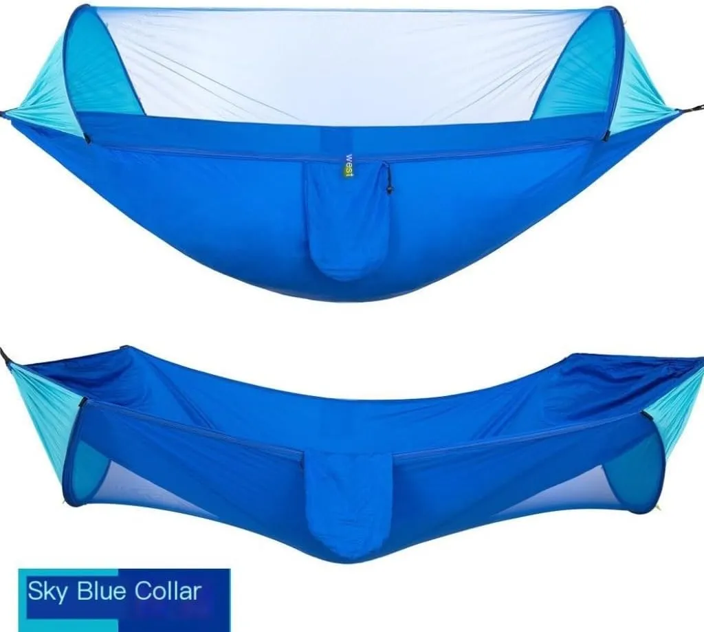 Hamock Automatic Quick-Opening Mosquito Net Hammock Camping Outdoor Sunshade Anti-Mosquito Hammock Tent Indoor Swing Hanmock(Blue)