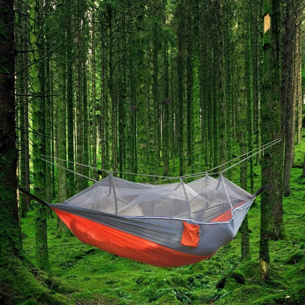 Hamock Outdoor Camping Mosquito Net Hammock Nylon Parachute Cloth Hammock with Mosquito Net Outdoor Swing Hammock Hanmock(B)