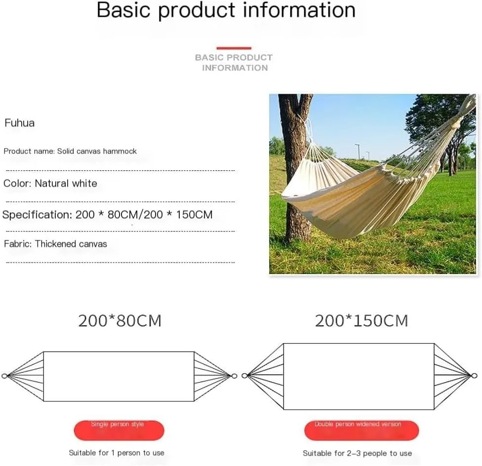 Hamock Outdoor Camping White Canvas Outdoor Hammock Solid Color 2 Meter Single and Double Hammock Outdoor Hammock Hanmock(200 * 150cm)