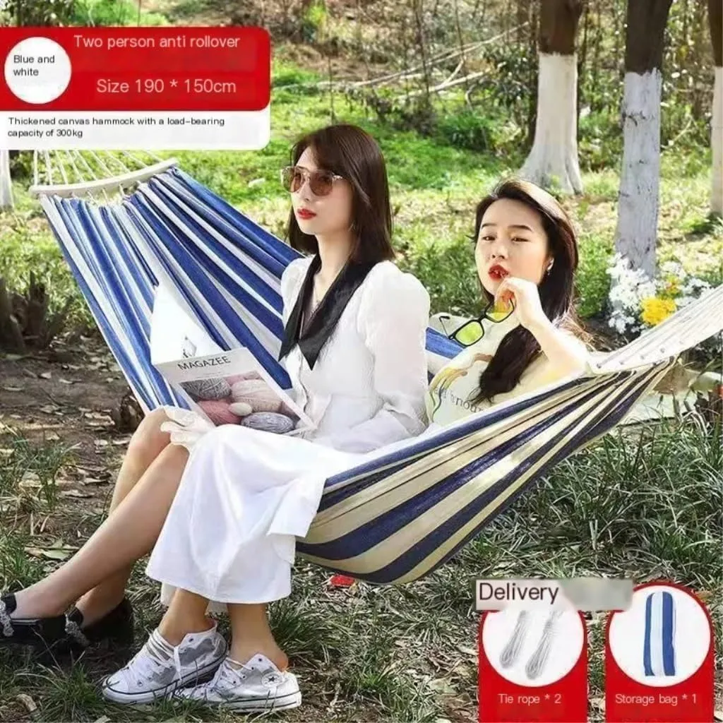 Hamock Outdoor Thickened Canvas Outdoor Bent Wooden Stick Hanging Sheet Double Hammock Swing Dormitory Camping Hanmock(A)