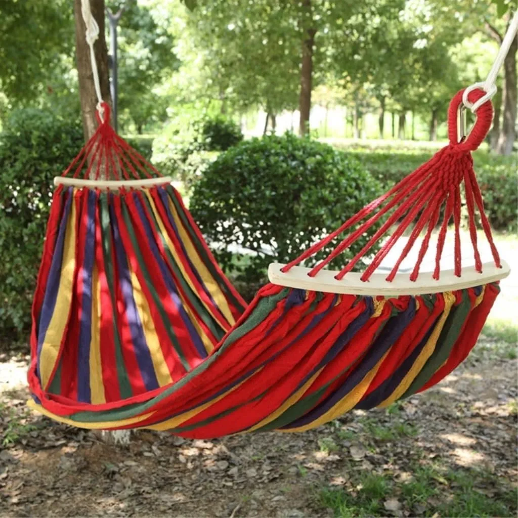 Hamock Outdoor Thickened Canvas Outdoor Bent Wooden Stick Hanging Sheet Double Hammock Swing Dormitory Camping Hanmock(Red,A)
