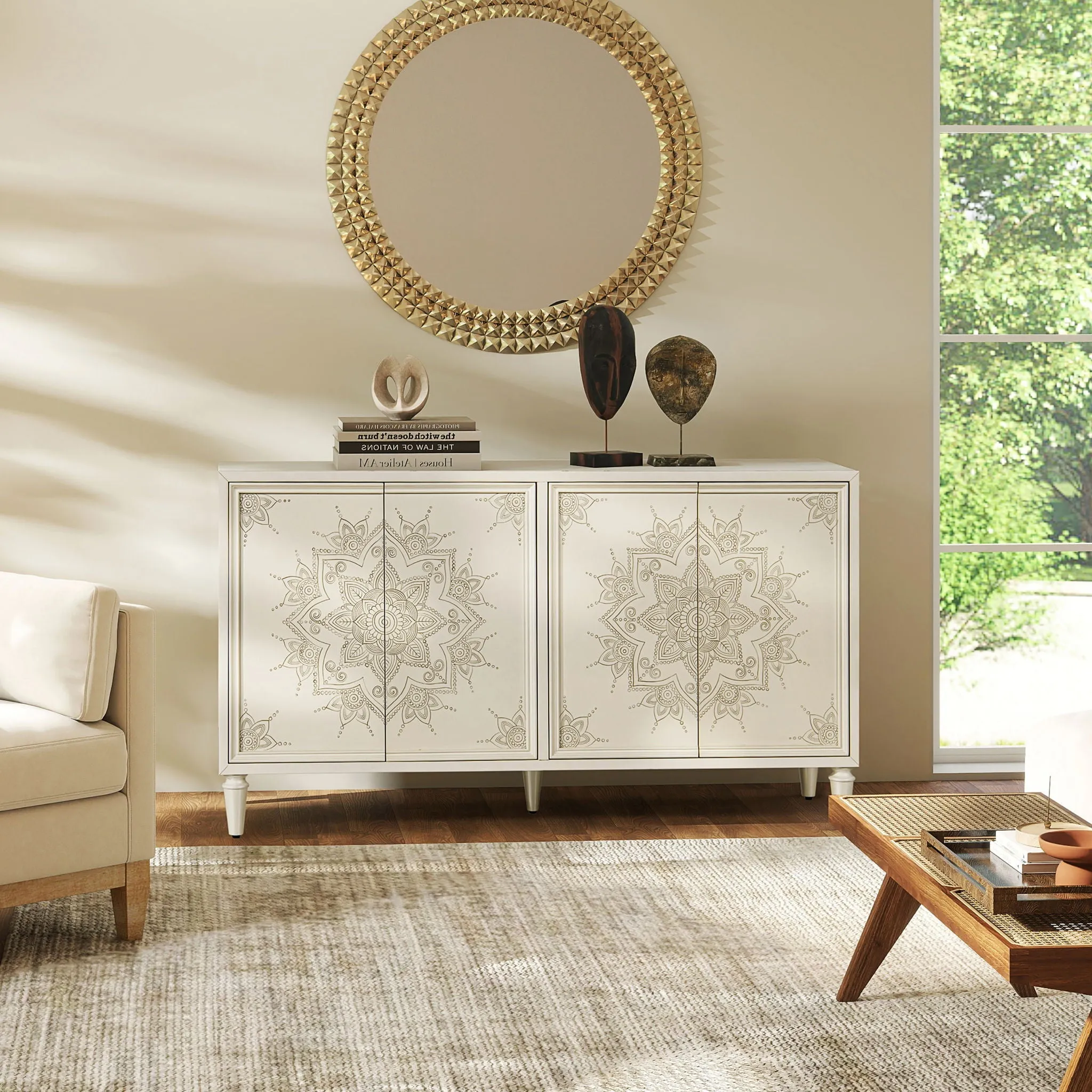 Hand Mandala Lacquered Off-White Durable Exclusive options Sideboard Mahal - Painted Ivory -