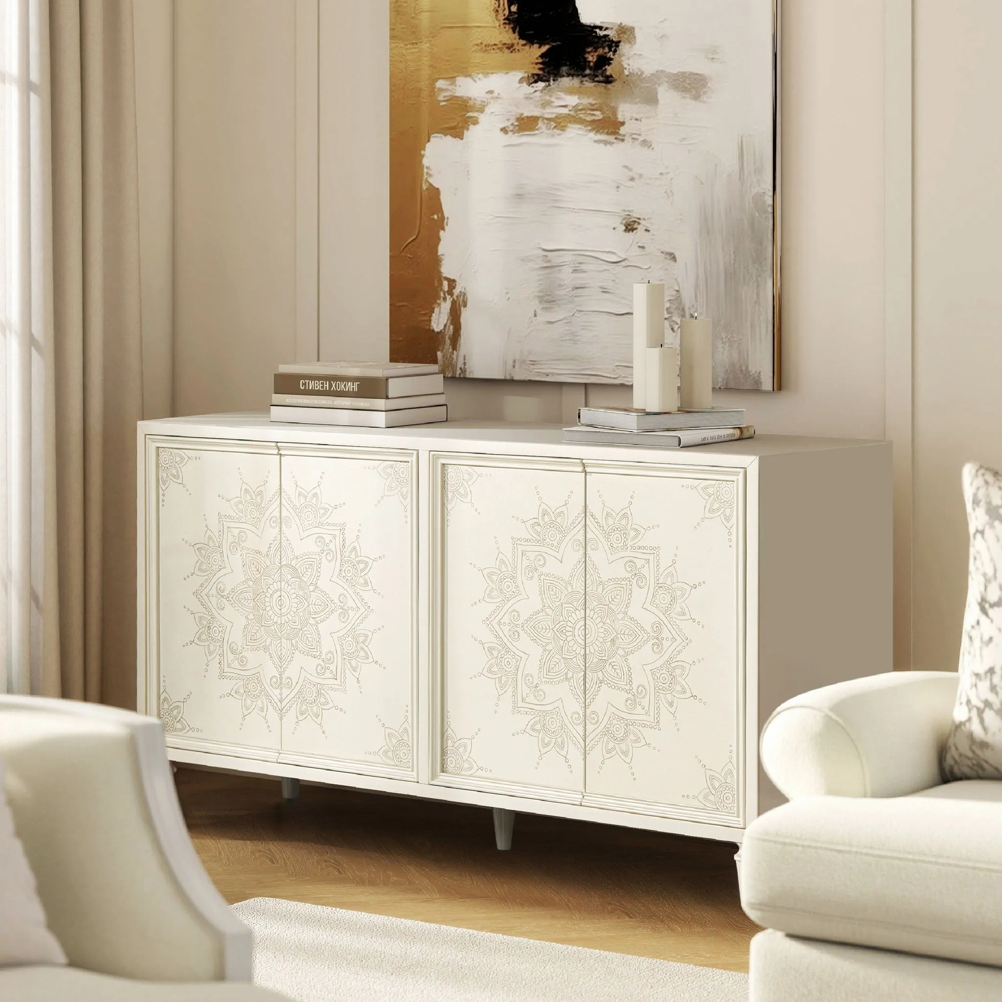 Hand Mandala Lacquered Off-White Durable Exclusive options Sideboard Mahal - Painted Ivory -
