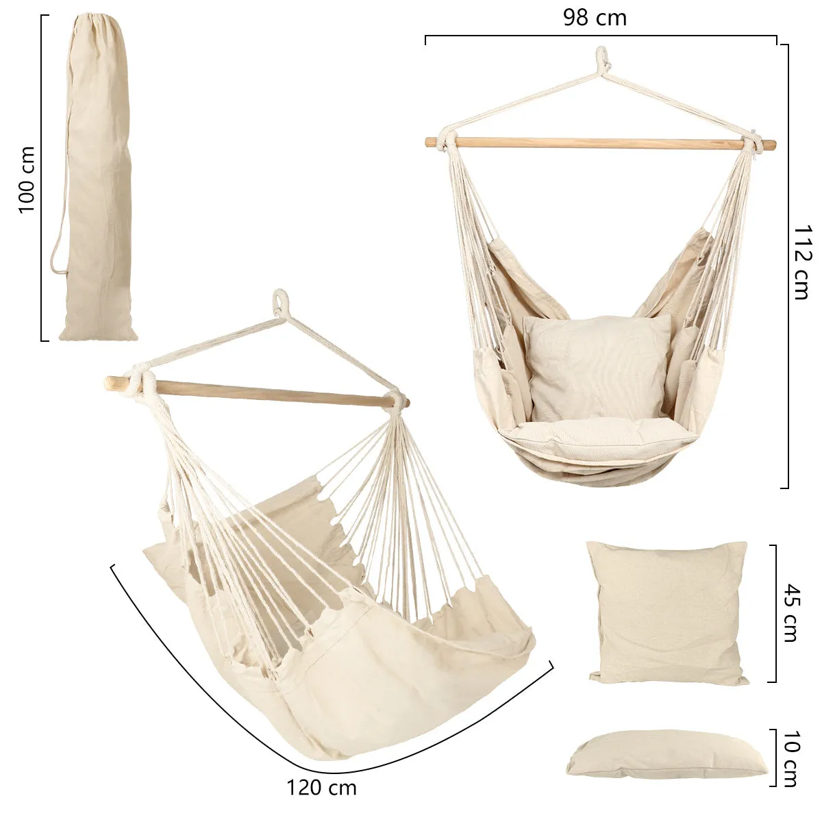 Hanging Rope Hammock Chair Porch Swing Seat, Large Hammock Net Chair Swing, Cotton Rope Porch Chair for Indoor, Outdoor, Garden, Patio, Porch, Yard - 2 Seat Cushions Included RT