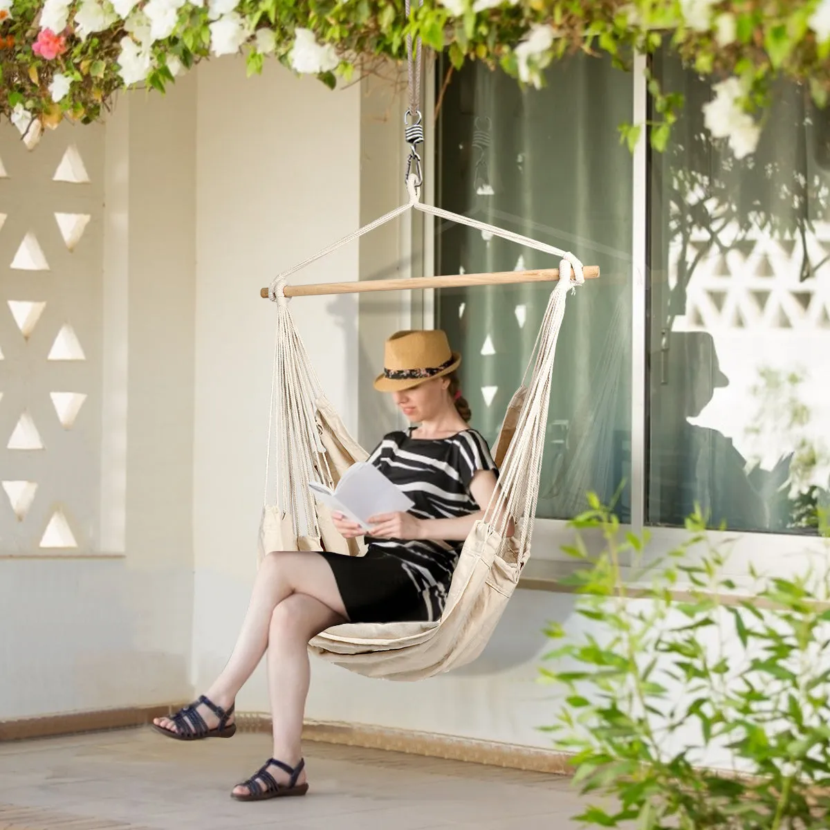 Hanging Rope Hammock Chair Porch Swing Seat, Large Hammock Net Chair Swing, Cotton Rope Porch Chair for Indoor, Outdoor, Garden, Patio, Porch, Yard - 2 Seat Cushions Included RT