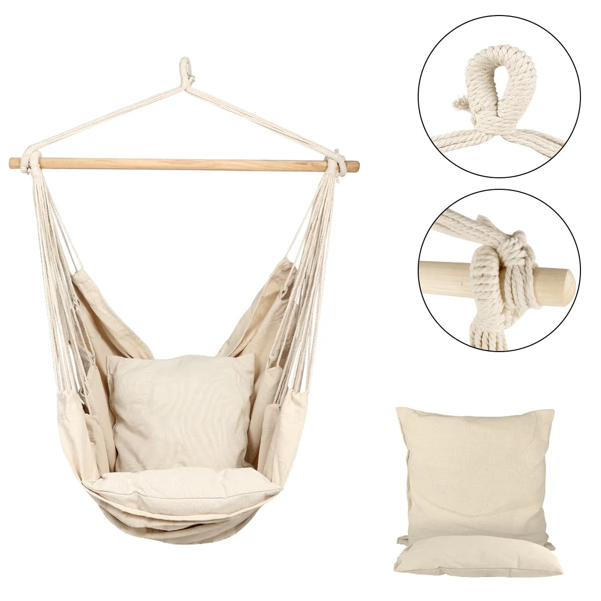 Hanging Rope Hammock Chair Porch Swing Seat, Large Hammock Net Chair Swing, Cotton Rope Porch Chair for Indoor, Outdoor, Garden, Patio, Porch, Yard - 2 Seat Cushions Included RT
