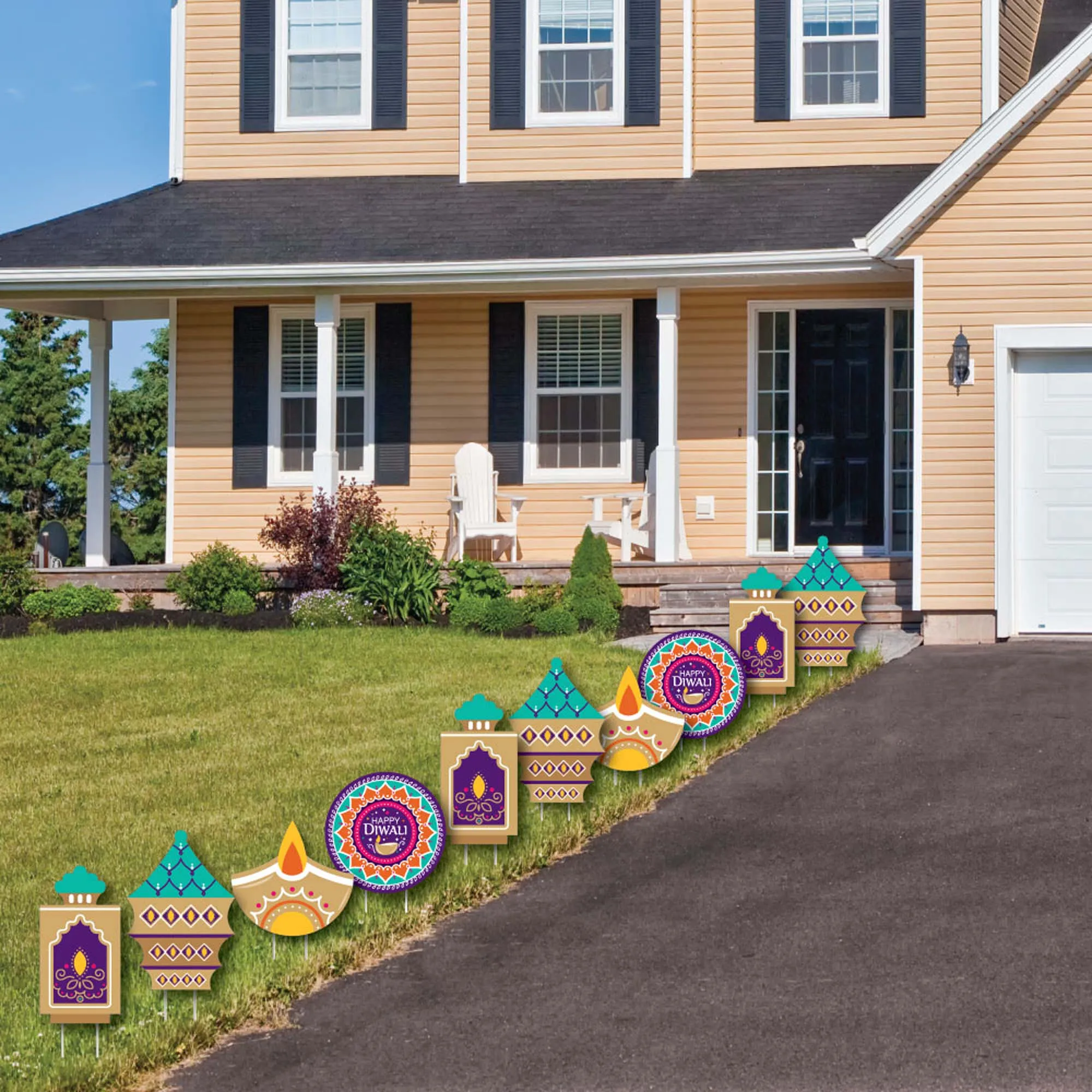 Happy Diwali - Diya Candles Lawn Decorations - Outdoor Festival of Lights Party Yard Decorations - 10 Piece