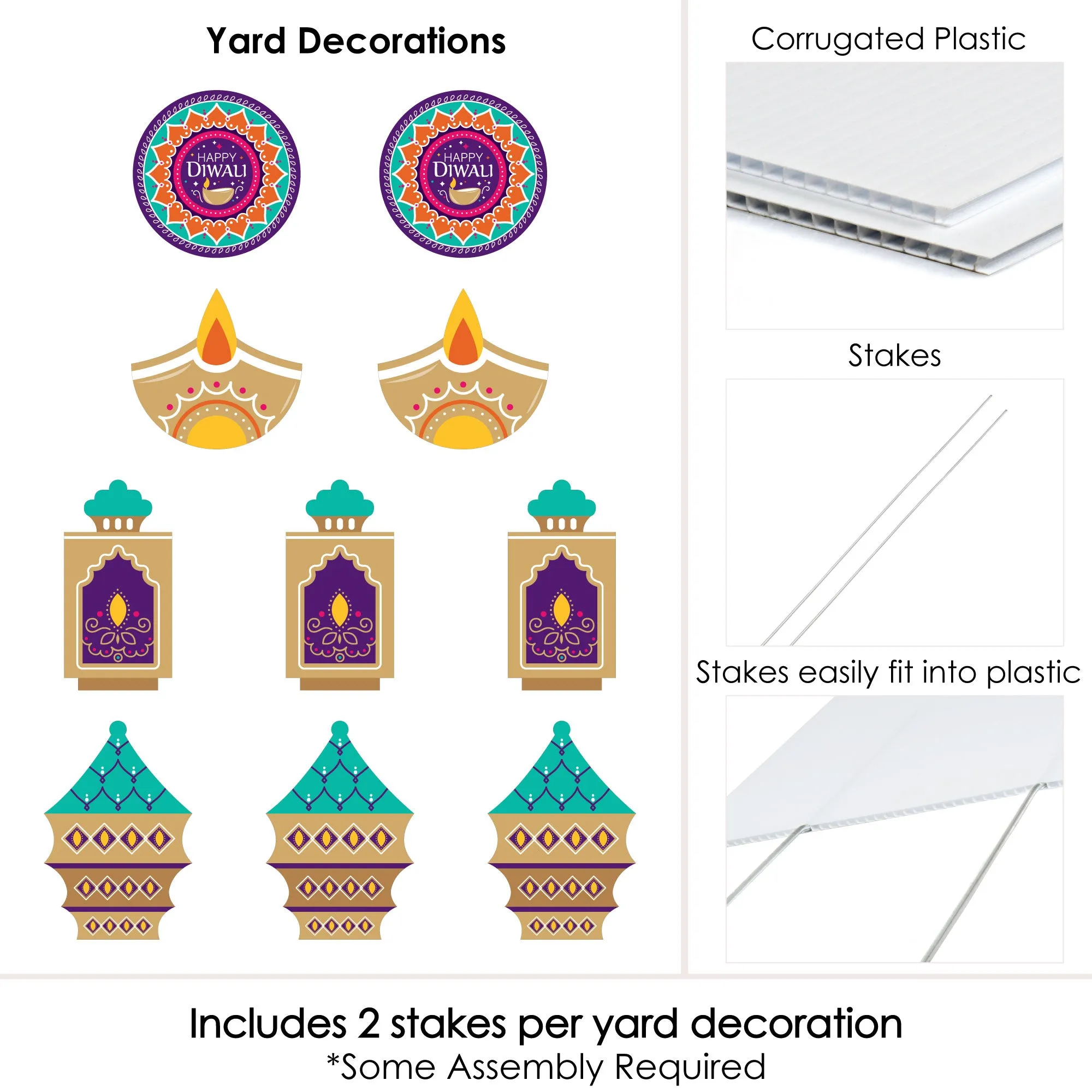 Happy Diwali - Diya Candles Lawn Decorations - Outdoor Festival of Lights Party Yard Decorations - 10 Piece