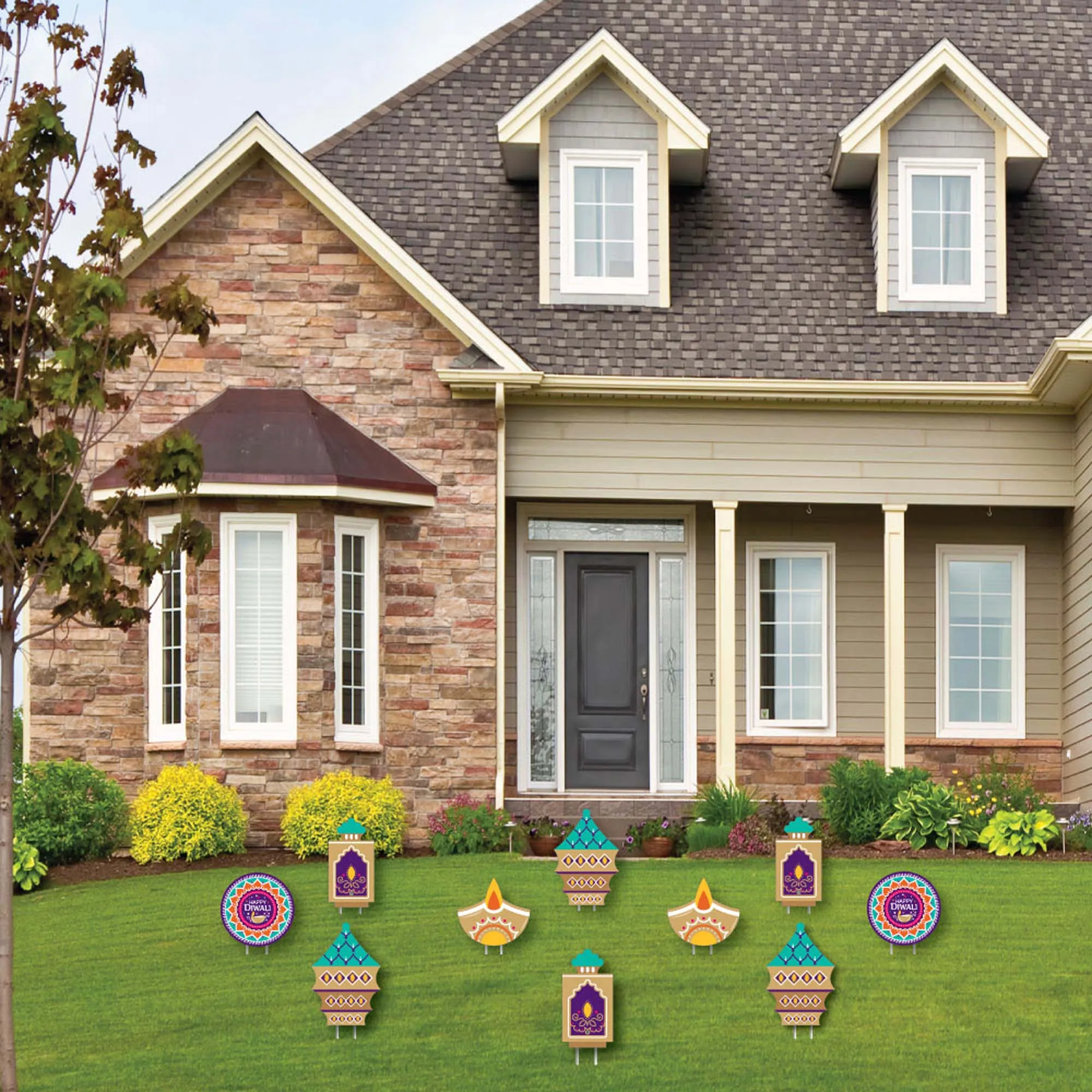 Happy Diwali - Diya Candles Lawn Decorations - Outdoor Festival of Lights Party Yard Decorations - 10 Piece