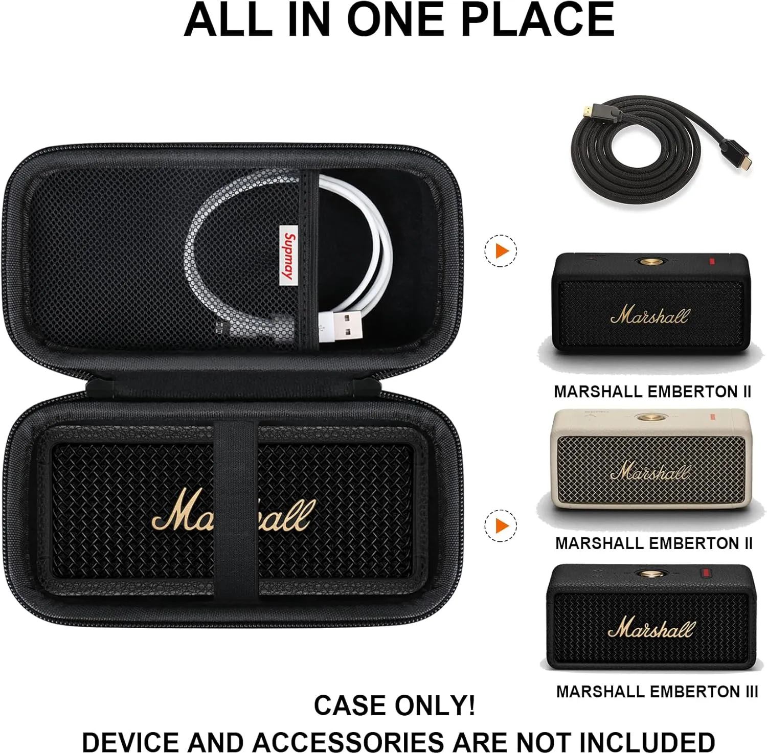 Hard Carrying Case for Marshall Emberton II/III Portable Bluetooth Speaker, Wireless Speaker Protection Case with Mesh Pocket for USB-C Charging Cable, Black