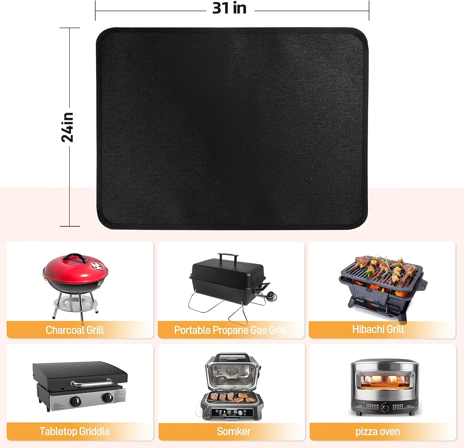 Heat Resistant Mats for Countertop and Table, Fireproof Grill Mats for Outdoor, Portable Charcoal, Gas Grill, Pizza Oven Compatible with Blackstone, Ninja 24x31x0.04in, Black