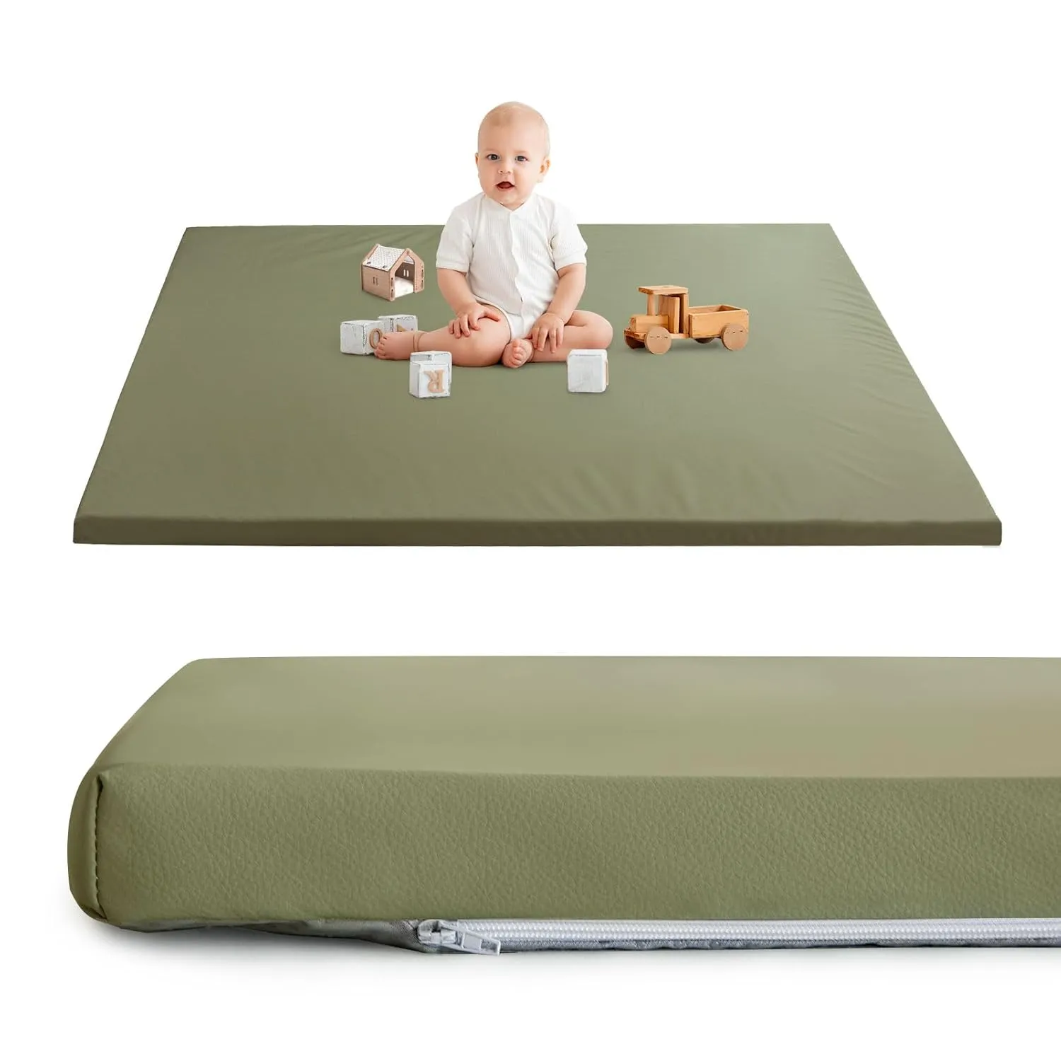HIGOGOGO Vegan Leather Baby Play Mat, 48 x 48 High-Density Foam Cushioned & Waterproof Playpen Mat, Just Wipe-Clean Crawling Mat for Babyplay on Floor, Green