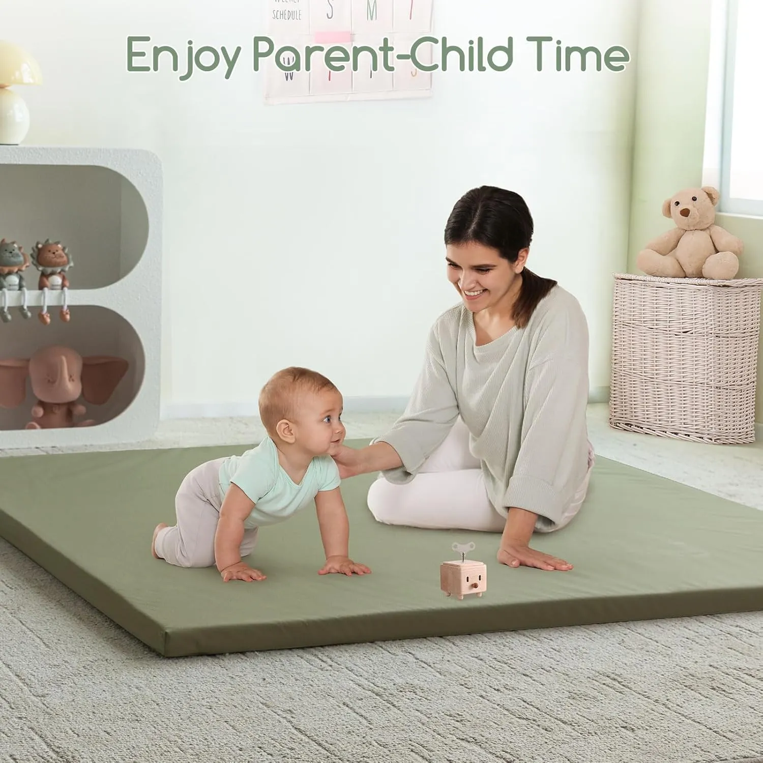 HIGOGOGO Vegan Leather Baby Play Mat, 48 x 48 High-Density Foam Cushioned & Waterproof Playpen Mat, Just Wipe-Clean Crawling Mat for Babyplay on Floor, Green