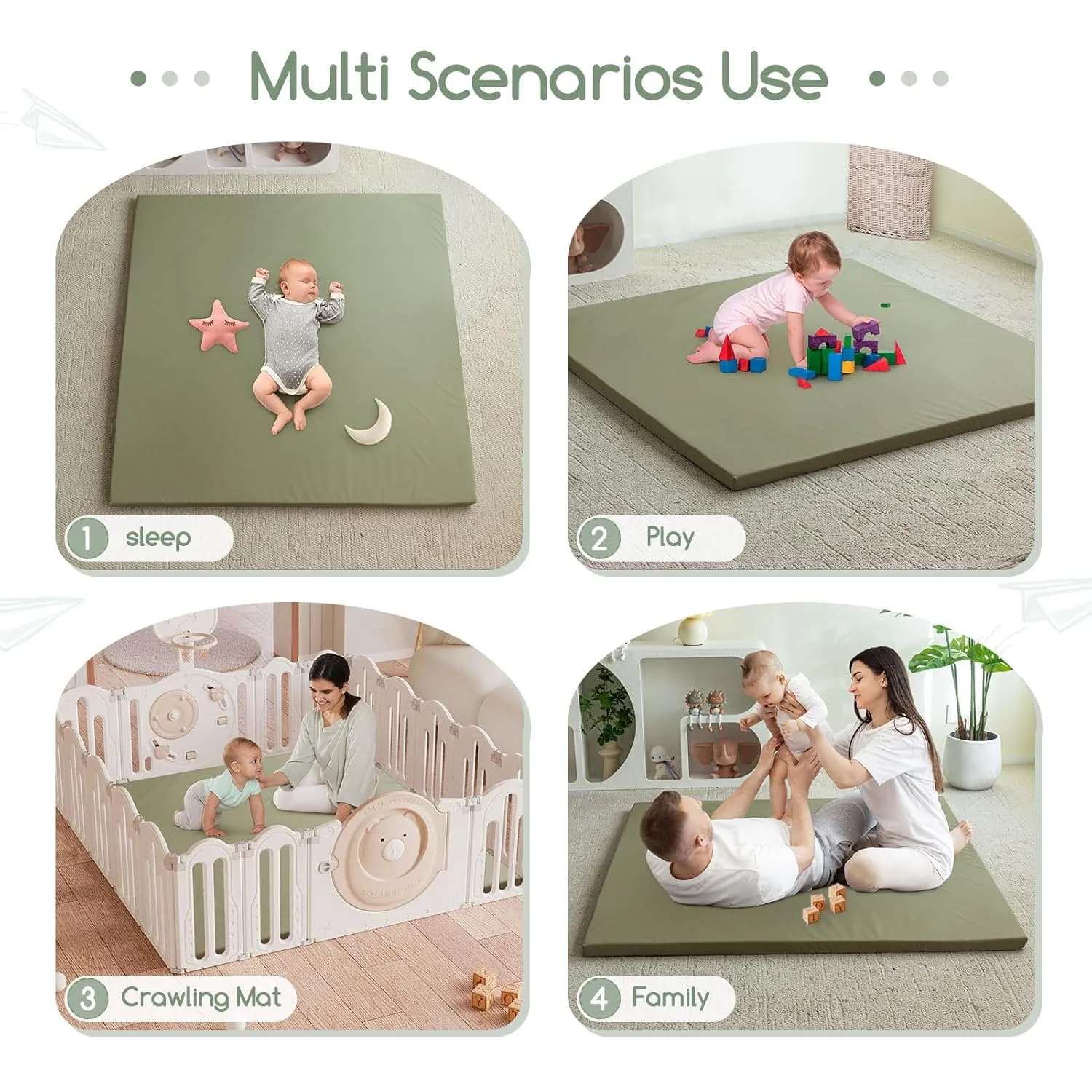 HIGOGOGO Vegan Leather Baby Play Mat, 48 x 48 High-Density Foam Cushioned & Waterproof Playpen Mat, Just Wipe-Clean Crawling Mat for Babyplay on Floor, Green