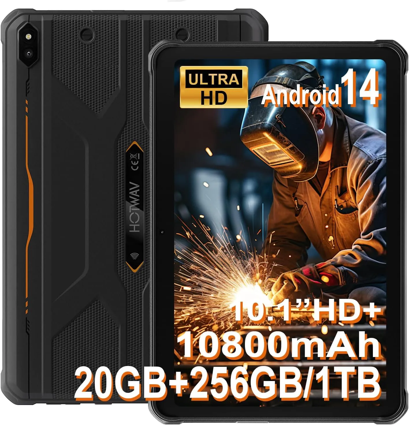 HOTWAV R10 Pro Rugged Tablet, 20GB   256GB/TF 1TB Android 14 Tablet, 10.1inch HD  Waterproof Tablets, 10800mAh Battery, 13MP 5MP Camera, Octa-Core/Dual SIM 4G/WLAN 5/IP68&IP69K/Face ID/GPS/OTG/2025