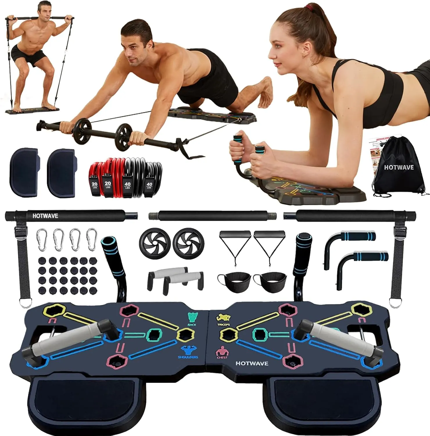 HOTWAVE Portable Workout Equipment with 20 Gym Accessories.Push Up Board &Plank,Resistance Band with Ab Roller Wheel,Exercise at Home For Men and Women