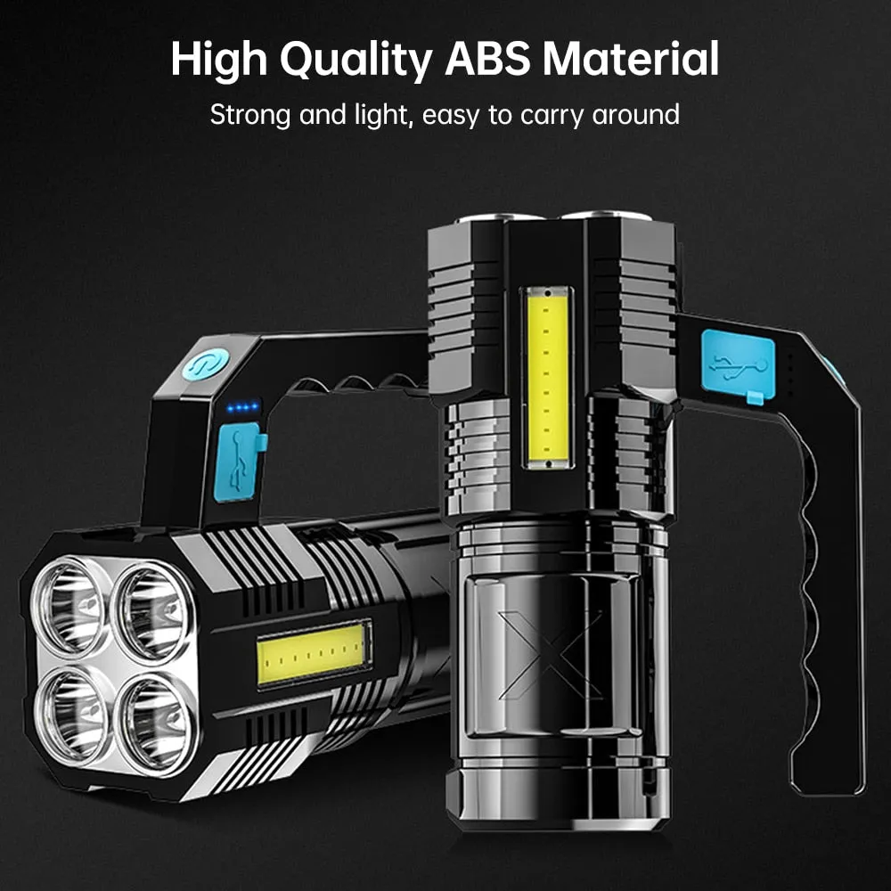 HULIANFU Powerful LED Flashlight USB Rechargeable Handheld Lantern Camping Portable Lamp Built in Battery Lighting COB 4 LED Flashlights